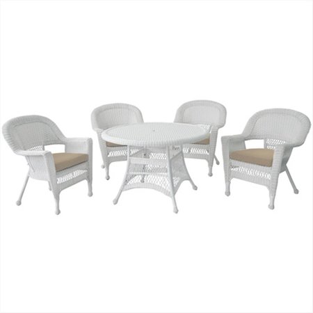 JECO 5 Piece White Wicker Dining Set - Tan Cushions W00206D-B-G-FS006